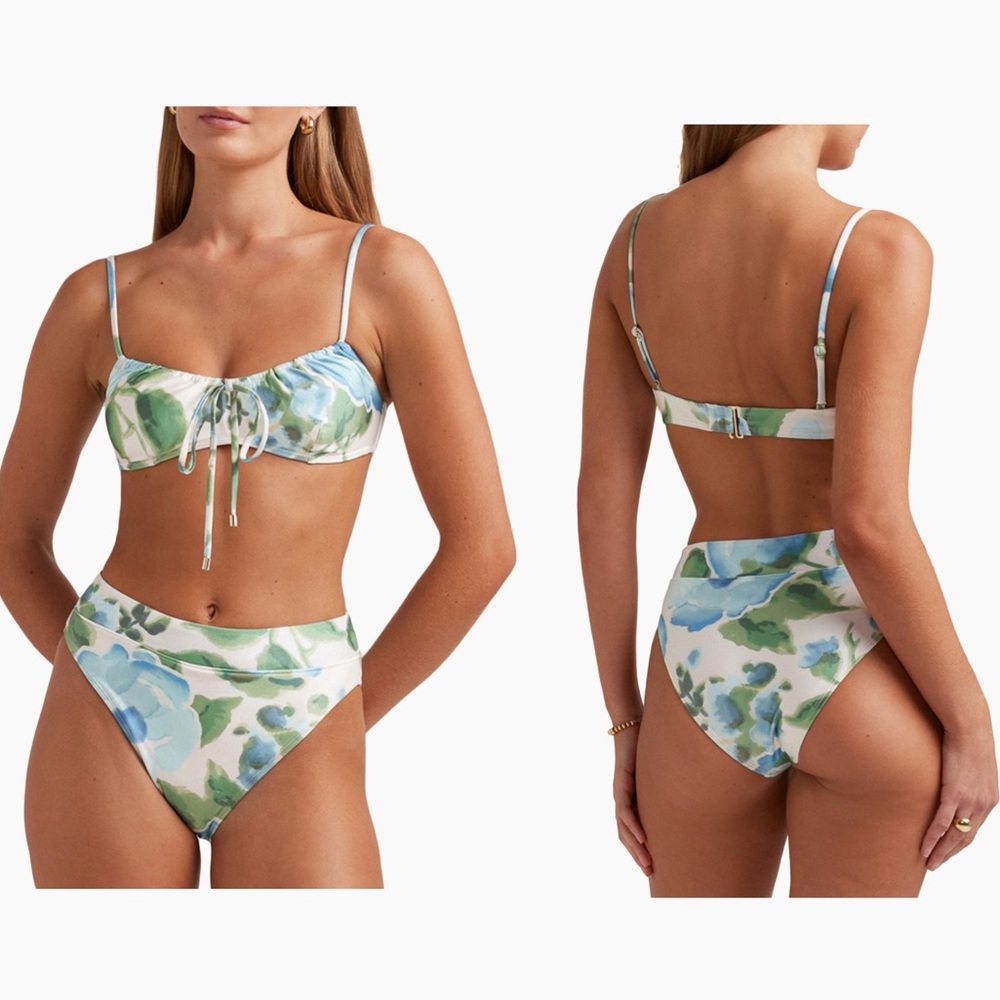 Floral Tie-Front Bikini Set in Blue & Green